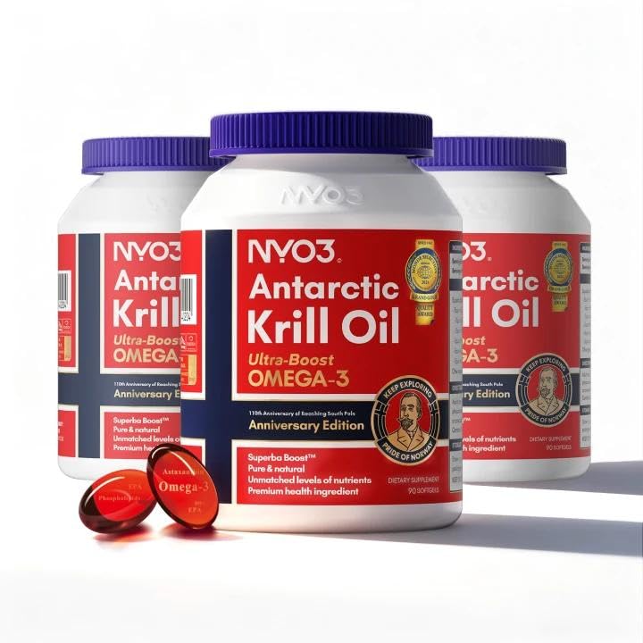 NYO3 Krill Oil Omega 3 Supplement 1000mg 270 Softgels EPA & DHA, Pure Antarctic Krill Oil with Astaxanthin and 56% Phospholipids Laboratory Tested