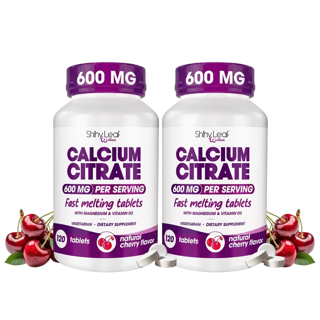 Shiny Leaf Bariatric Calcium Citrate 600mg with Magnesium & Vitamin D3, Cherry Flavor Fast Dissolve Tablets, High Absorption Calcium Supplement, Non-Chalky Alternative to Chewable Gummies, Pack of 2