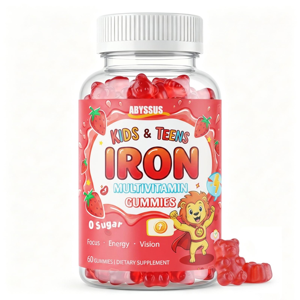 Iron Gummies for Kids with Multivitamin, 60 Count | Vitamin C, Vitamin D3, Vitamin B12, Zinc, Sugar-Free, Vegan