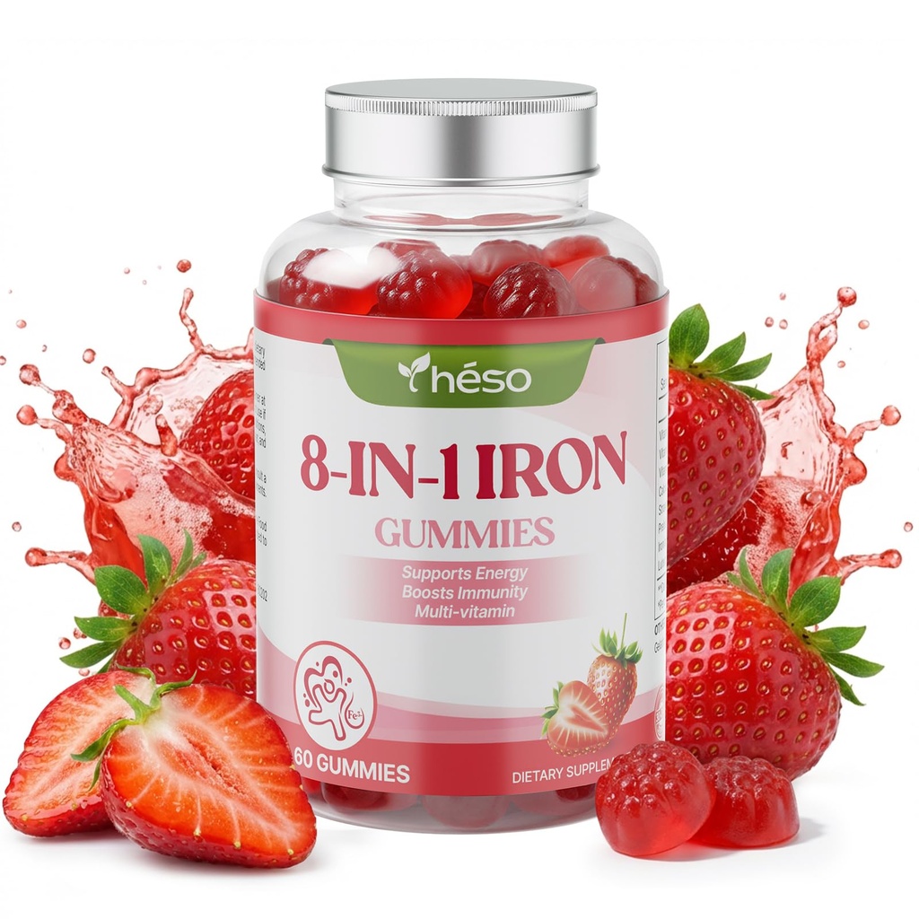 Iron Gummies for Kids & Teens, Kids Multivitamin with 20mg Iron Supplement, Vitamin A, C, B6 & Lutein – Sugar Free Multivitamin – Daily Nutrition & Eye Support, Strawberry Flavor, 60 Gummies