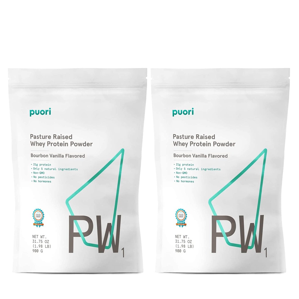 Puori Whey Protein Powder, Bourbon Vanilla - PW1 Pasture-Raised, Grass-Fed Whey Protein Powder Drink Mix containing BCAA Amino Acids - Post-Workout Supplement for Muscle Gain & Recovery - 60 Servings