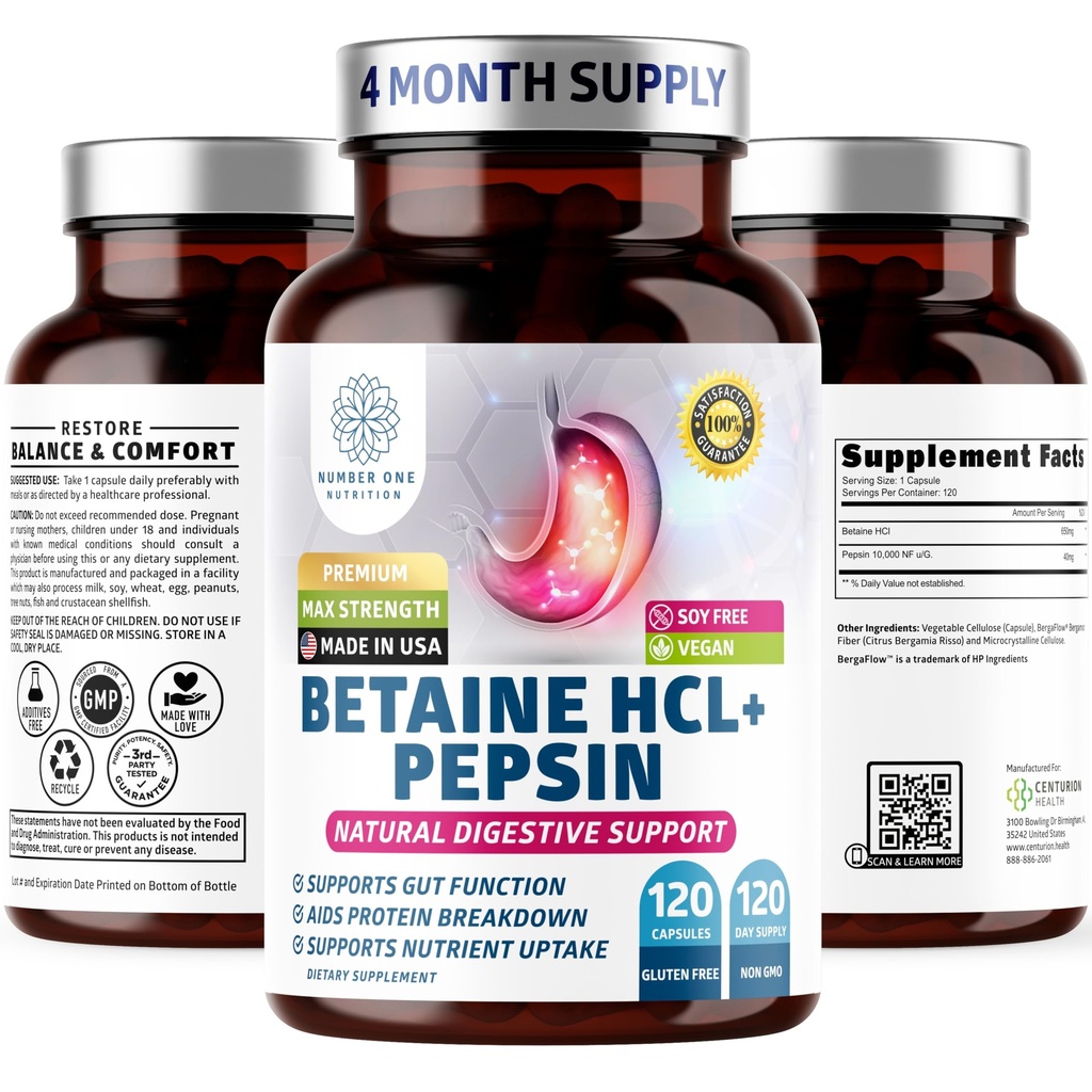 Number One Nutrition Premium Betaine Hydrochloride Enzymes Supplement with Pepsin, Helps Support Protein Breakdown and Nutrient Absorption, 120 Caps