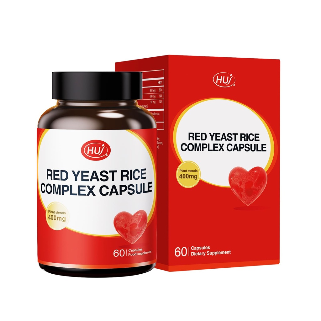 HUJ Red Yeast Rice Complex Capsule - Contains Red Yeast Rice Powder, Plant Sterols & Vitamin K2 - Maintain Healthy Cholesterol Levels and Supports Cardiovascular Health - 60 Capsules