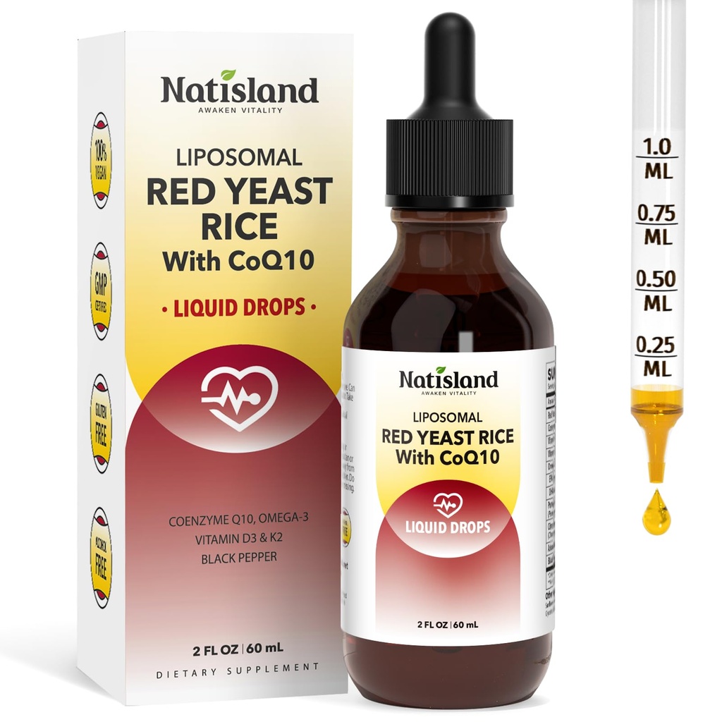 Liposomal Red Yeast Rice with Coq10 Liquid Drops, Red Yeast Rice 1200mg Supplement with Citrus Bergamot, Omega-3 & Astaxanthin, Vegan, Blueberry Flavor, 2 FL OZ