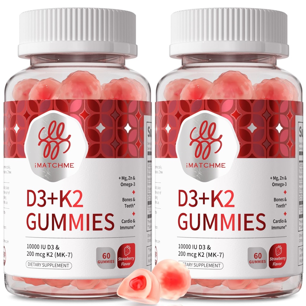 iMATCHME Vitamin D3 K2 Gummies for Adults, 10000 IU Vitamin D3 + 200 mcg K2 MK-7 with Omega-3, Magnesium & Zinc, Bone, Teeth, Heart & Immune Support, Sugar-Free Vegan, 60 Count(Pack of 2)