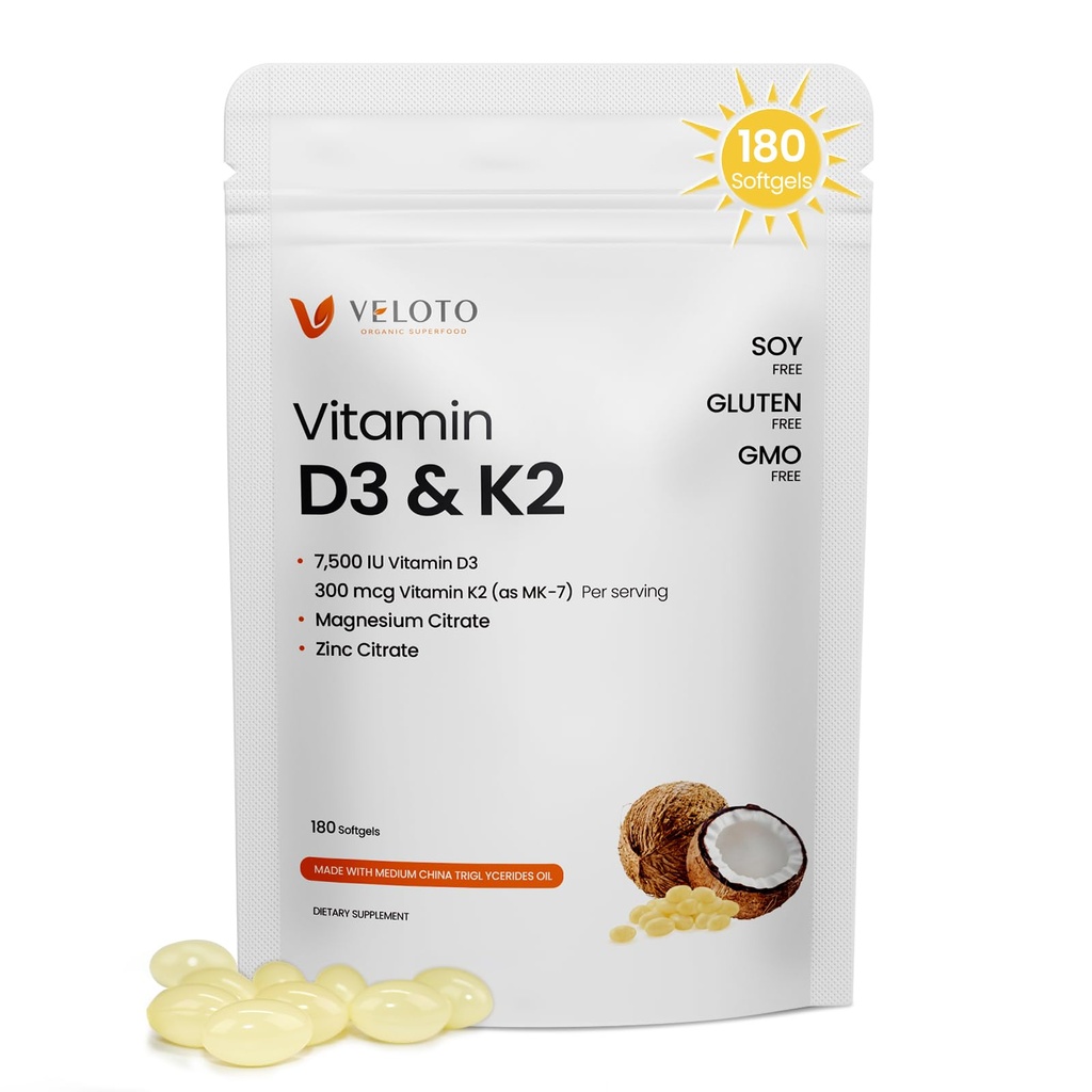 VELOTO Vitamin D3 K2 Magnesium Zinc Supplement – 7500 IU Vitamin D3, 300 mcg K2 MK-7, Magnesium & Zinc Citrate, 180 Softgels, 4-in-1 Daily Wellness Support, Bone Muscle & Immune Support