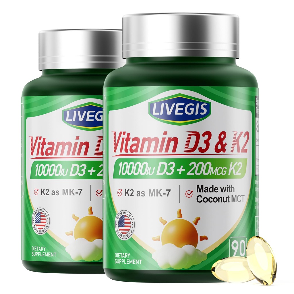 Vitamin D3 K2 Softgels, Vitamin D3 10000 IU with K2 (MK-7) 200 mcg with Coconut Oil Softgels, Supports Calcium Absorption, Bone, Immune and Heart Health - 90 Counts * 2 Packs