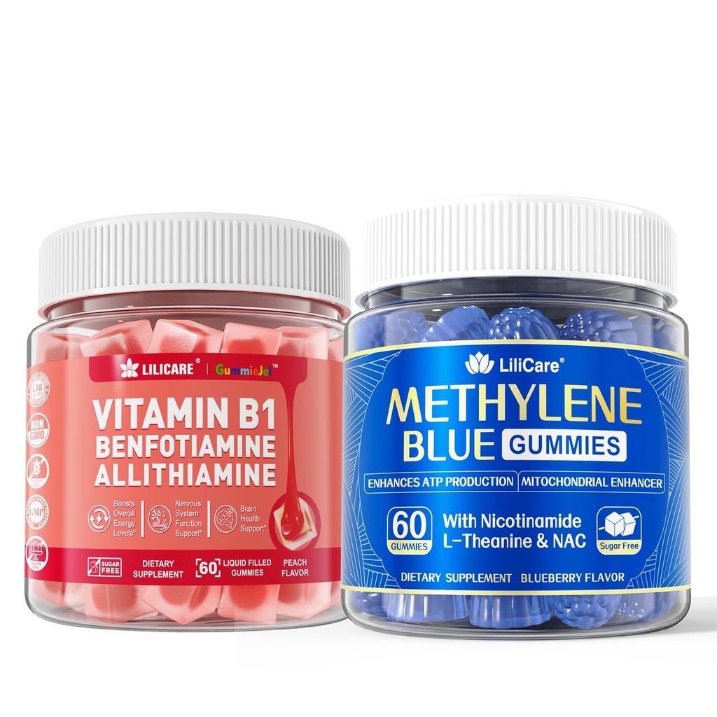 LILICARE Vitamin B1 & Methylated Vitamin B Complex Gummies + Antioxidant & Brain Boost Methylene Blue Gummies for Humans