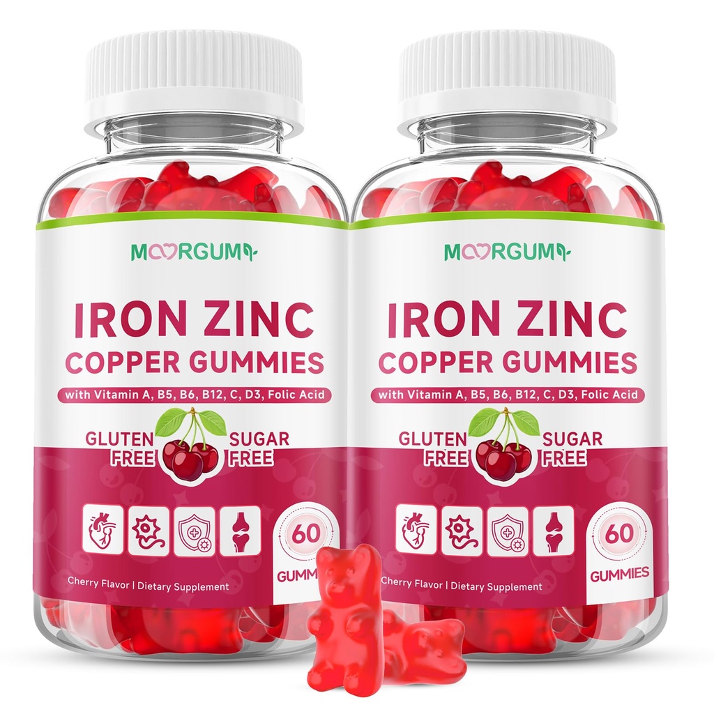 Iron, Zinc, Copper Supplements for Women & Men, Mineral Gummies with Vitamin A, B5, B6, C, D3, B12 for Adults, Kids, Promote Energy, Support Immunity, Bone Health, Sugar Free, Cherry Flavor, 120 Count