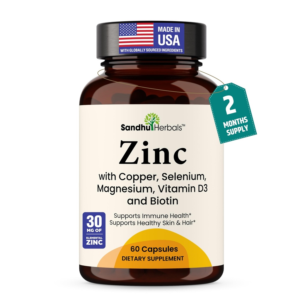 Zinc 30mg with Copper, Selenium & Vitamin D3 | 60 Capsules | Magnesium, Vitamin B6, Biotin Complex | Absorbable Chelated Zink Supplements for Men & Women | for Hair, Skin, Nails & Immune Support