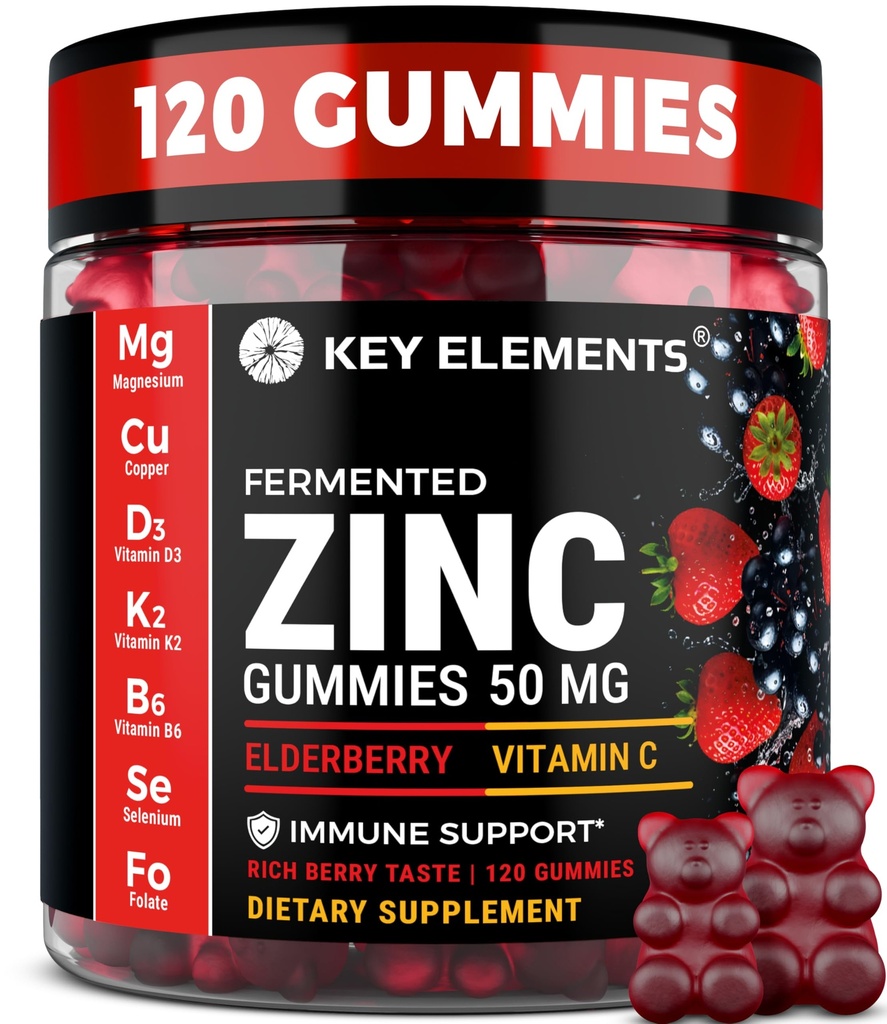 Immune Support Zinc Gummies 50mg with Elderberry Vitamin C and Zinc Supplements - Natural Antioxidant with Copper Vitamin D3 K2 Magnesium - Rich Berry Taste, Sugar-Free, 120 Gummies