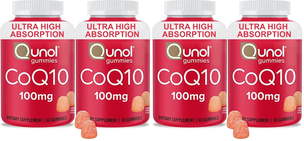 Qunol CoQ10 Gummies, CoQ10 100mg, Delicious Gummy Supplements, Helps Support Heart Health, Vegan, Gluten Free, Ultra High Absorption, 2 Month Supply (60 Count, Pack of 4)