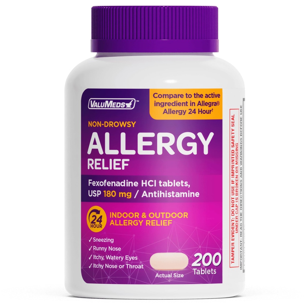 ValuMeds 24-Hour Allergy Relief Fexofenadine Hydrochloride 180mg | Non-Drowsy Antihistamine Generic Medicine for Allergies, Hay Fever, Itchy Eyes for Kids, Adults | Compare to Allegra (200-Count)