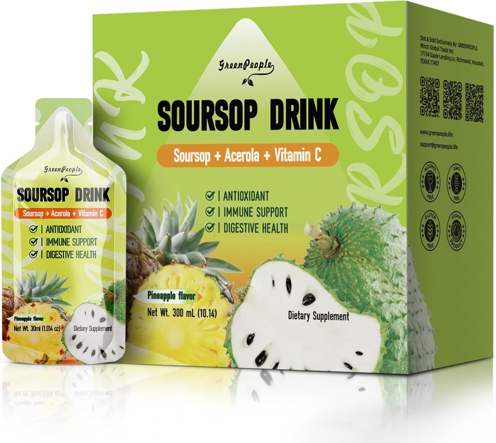 GROENPEOPLE Soursop & Acerola Liquid Supplement Drink, Soursop Bitters Liquid, Immune Boosting Vitamine C Drink, Fast Absorptie, Vegan, Non-GMO, 10 Packets