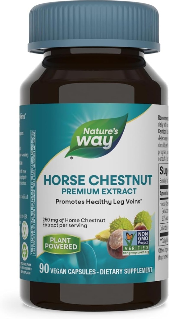 Nature's Way Horse Cestnut Extract, Premium Extract, Насърчаване на здрави вени Leg *, 250 mg на Сервиз, Веган, 90 капсули (Packaging May Vary)