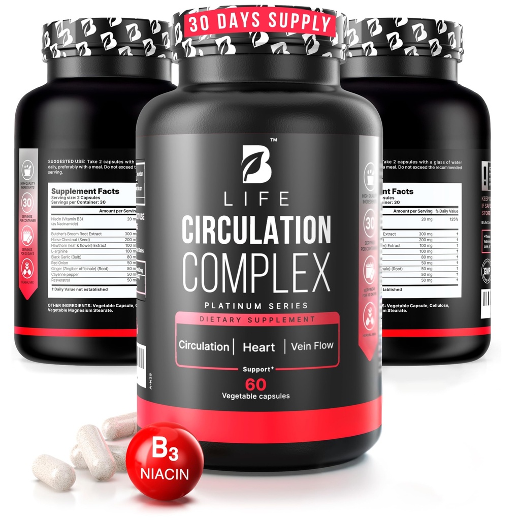 Circulation Support Supplement for Vein & Artery Health | Vascular Support with L-Arginine, Horse Chestnut & Butcher’s Broom | Promotes Healthy Leg Circulation & Vein Function | 60 Capsules