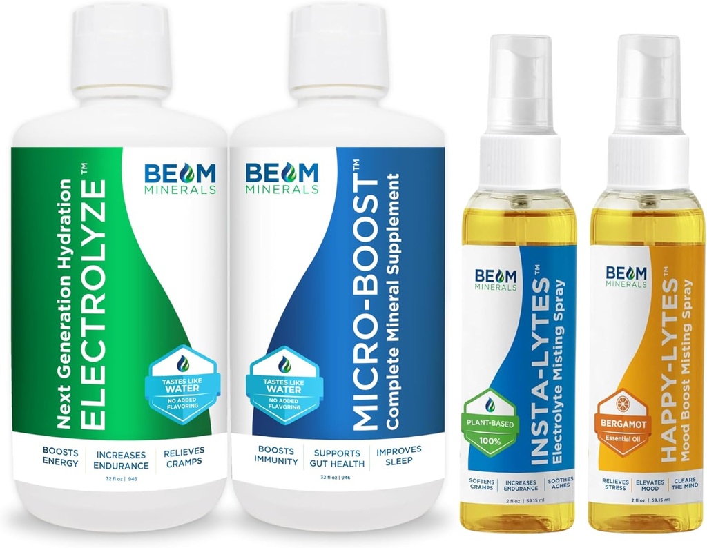 Beam Minerály Micro-Boost Humic Mineral Blend & Electrolyze Liquid a Insta-Lytes Natural Liquid Electrolytes 2oz a Happy-Lytes Fluvic Electrolyte Misting Spray 2oz