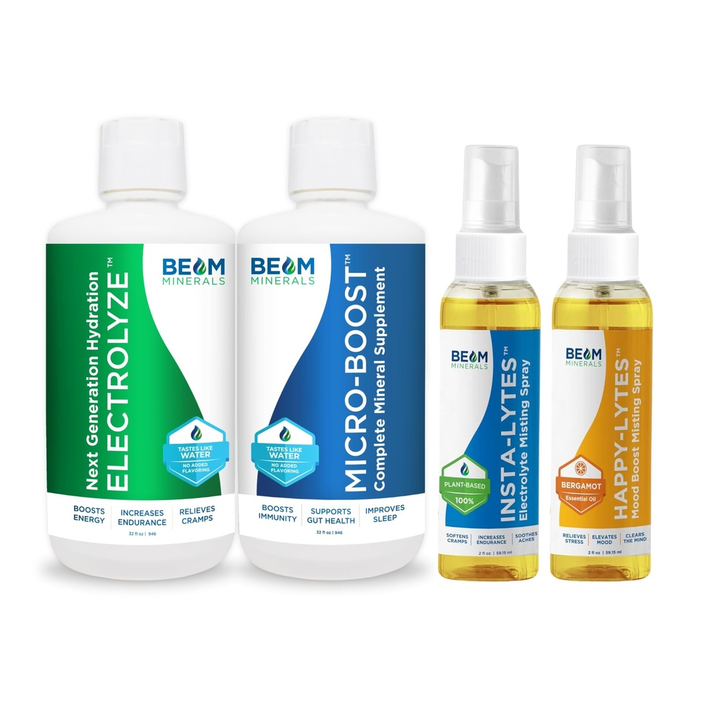 Beam Minerals Micro-Boost Humic Mineral Blend & Electrolyze Liquid and Insta-Lytes Natural Liquid Electrolytes 2oz and Happy-Lytes Fluvic Electrolyte Misting Spray 2oz