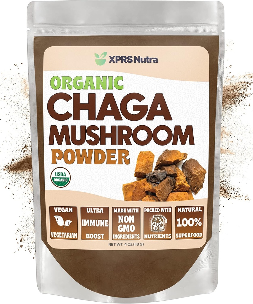 XPRS Nutra Organic Chaga Mushroom Powder - Premium USDA Organic Chaga Ciuperci pulbere - Chaga pulbere pentru imunitate - Vegan prietenos Superfood pentru ceai Chaga și băuturi (4 Ounce)