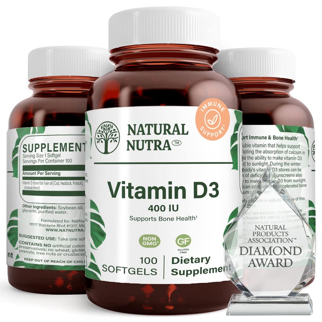Natural Nutra Vitamin D3 400 IU Softgels, Gluten-Free Vitamin D, 100 Count | Supports Immune Function, Bone & Teeth Support, Cardiovascular Support