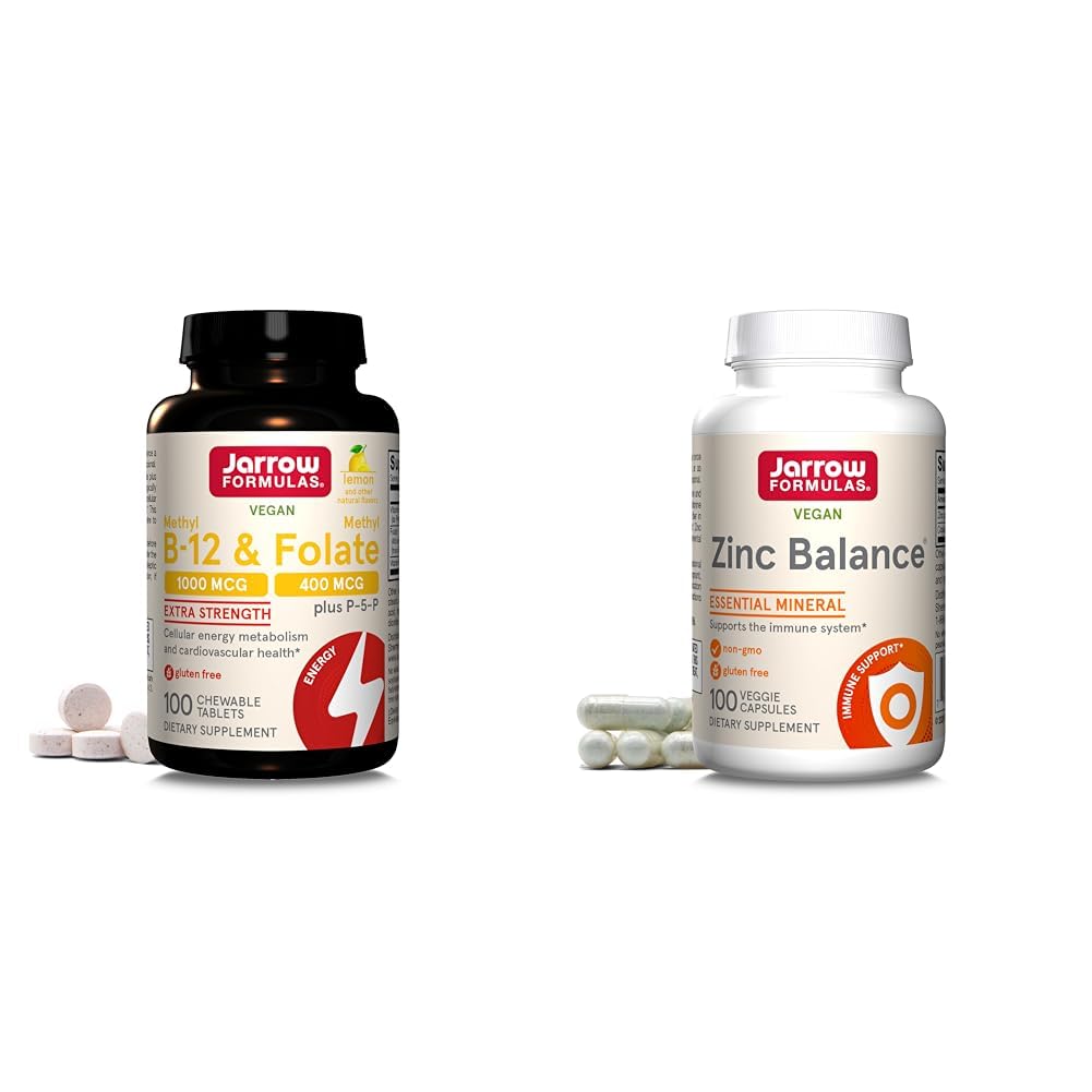 Jarrow Formulas Methyl B-12 1000 mcg & Methyl Folate 400 mcg Chewable Tablets and Zinc Balance 15 mg 100 Veggie Capsules