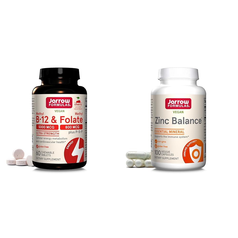 Jarrow Formulas Ultra Strength Methyl B-12 5000 mcg & Methyl Folate 800 mcg + P-5-P & Zinc Balance 15 mg - 100 Servings (Veggie Caps) - Includes Copper