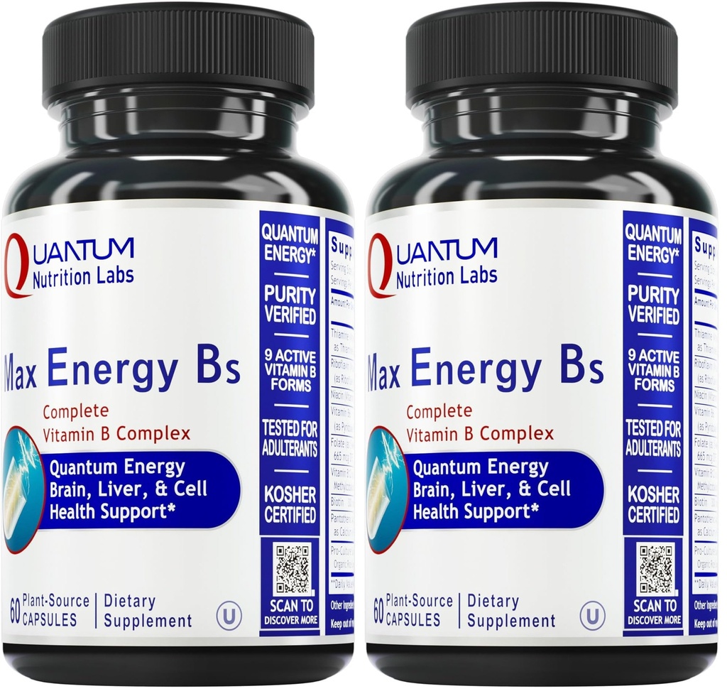 Quantum Nutrition Labs Max Energy Bs - Vitamin B Complex, Methylated B Complex Vitamins with Vitamin B1, B6, B12, Thiamin, Folate and Biotin - 60 Vegetarian Capsules (Pack of 2)