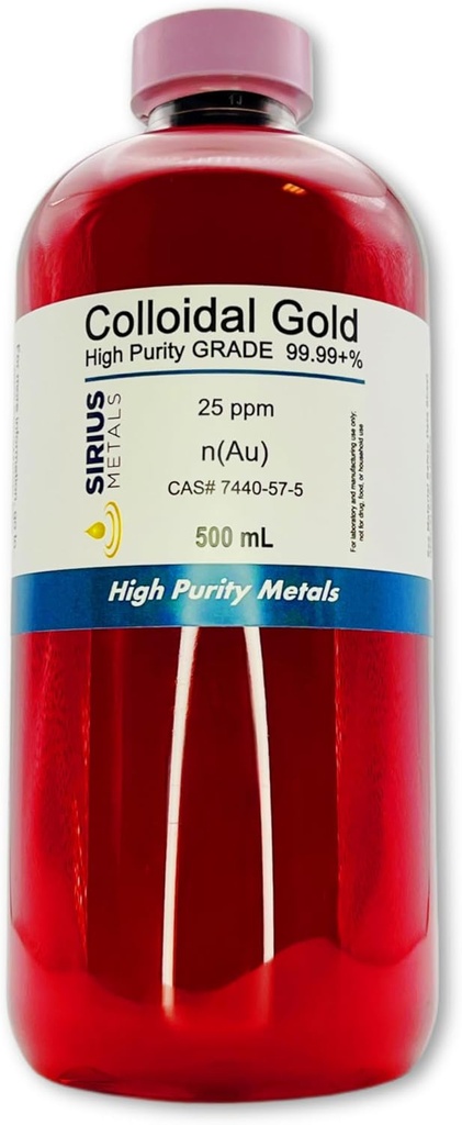 Tikras koloidinis auksas - 25 ppm - 99,99 +% Grynumas - 500 ml (16,9 Fl Oz) skaidriame plastikiniame butelyje be kaulų - pagamintas JAV