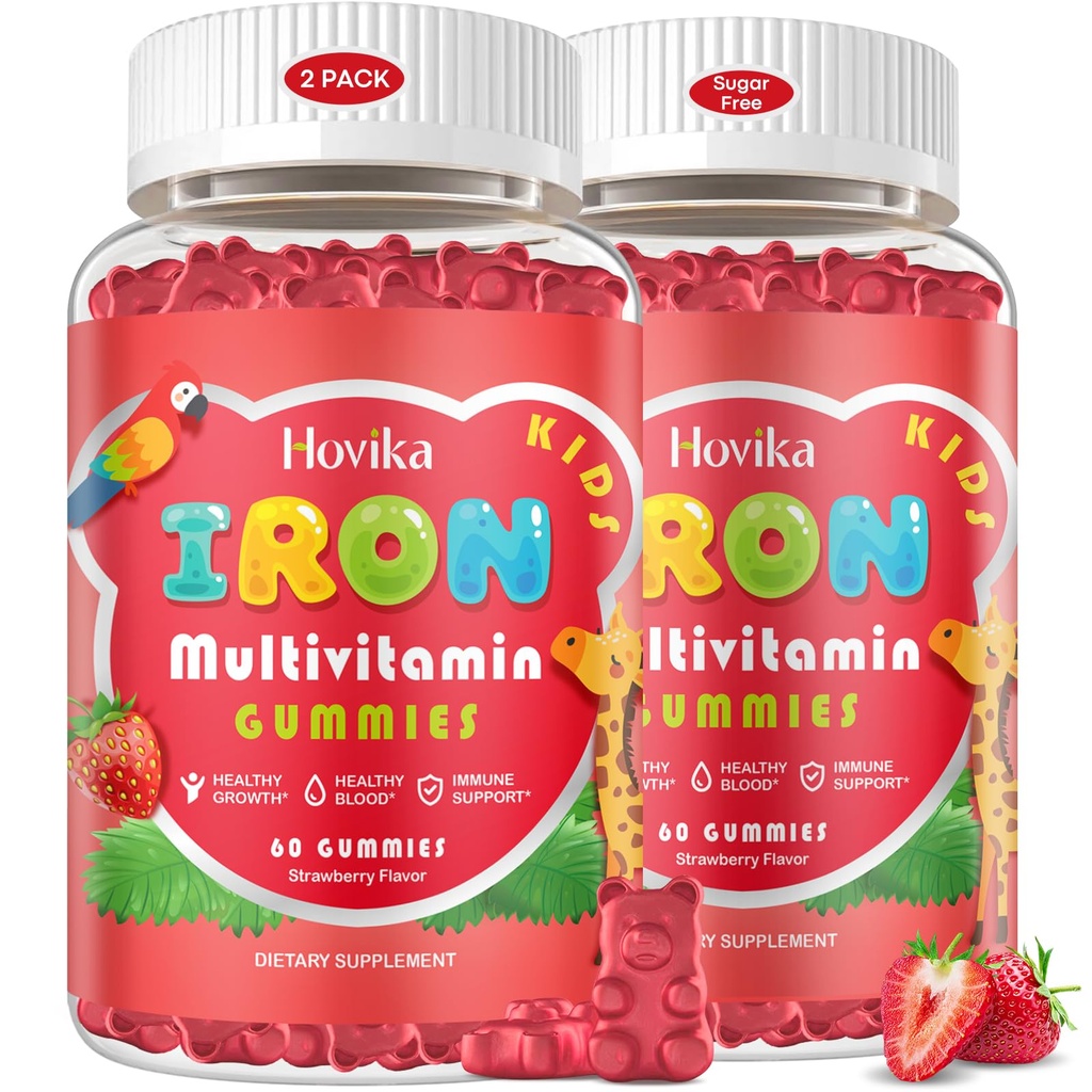 2 Pack Iron Supplement Gummies for Kids with Multivitamin, Calcium, Zinc, Folate - Kids Iron Gummies Support Immune, Blood Builder, Iron Deficiency, Anemia & Energy - Vegan, Strawberry