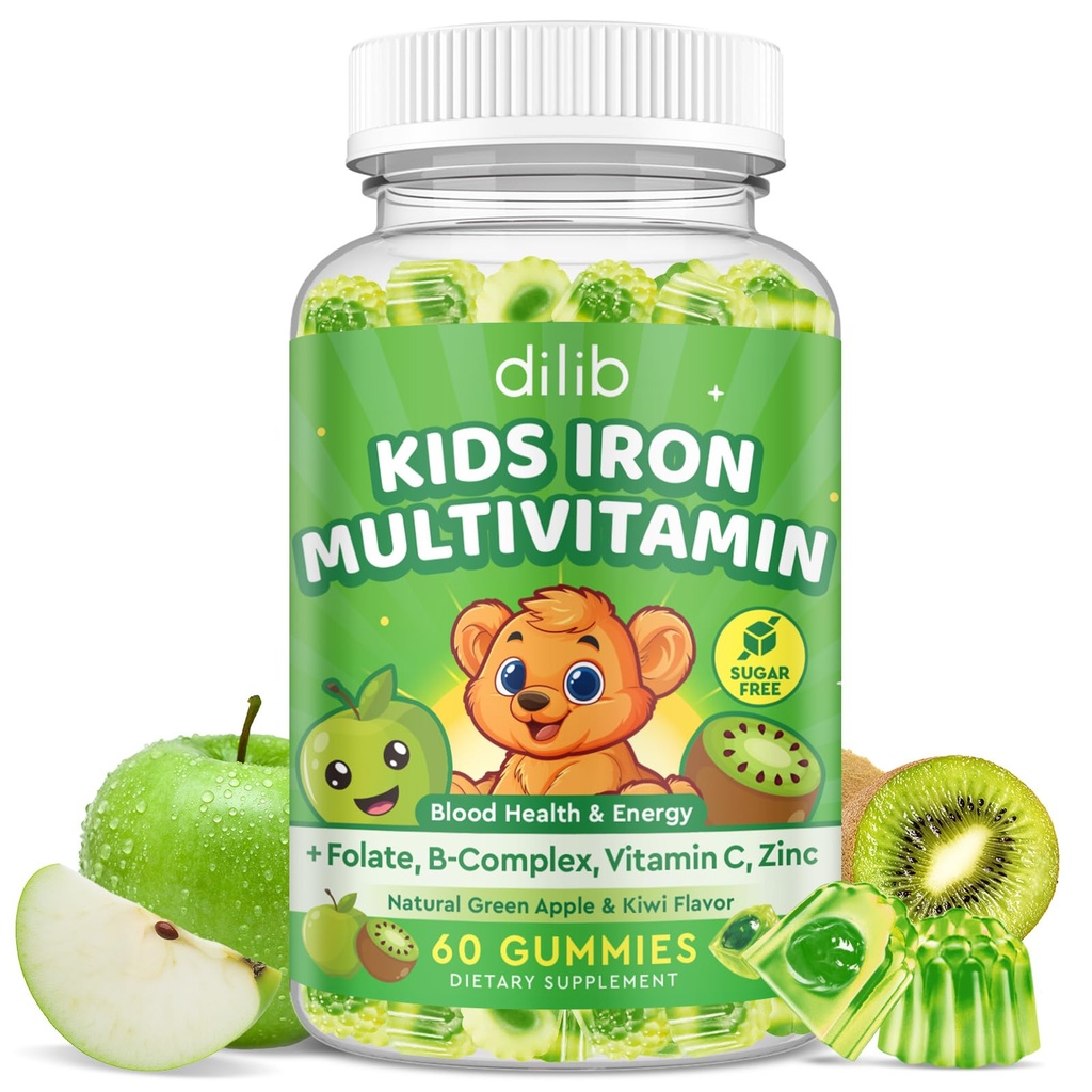 Iron Supplement Gummies for Kids, Kids Multivitamin with Iron Gummies - Zinc, Vitamin B Complex, A, C, D3, B12, Folate for Blood Builder & Energy Support, Vegan Sugar Free Green Apple & Kiwi 60ct