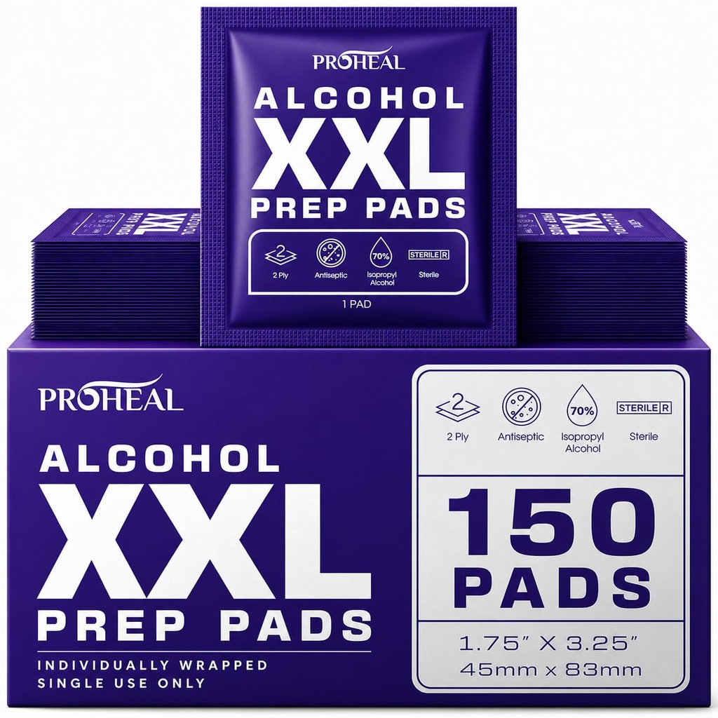 XXL Sterile Alcohol Prep Pads 150 Count - 70% Isopropyl Alcohol Wipes, Individually Wrapped - 2 Ply - Good for Injection Sites and Keeping the Skin Clean, Extra Extra Large 1.75" x 3.25" Pad