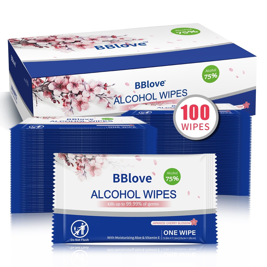 Individually Wrapped Alcohol Wipes, 100 Count – 75% Ethyl Alcohol Hand Sanitizing Wipes with Aloe & Vitamin E, Travel Size Antibacterial Wipes for On-the-Go, Office, School (Cherry Blossom)
