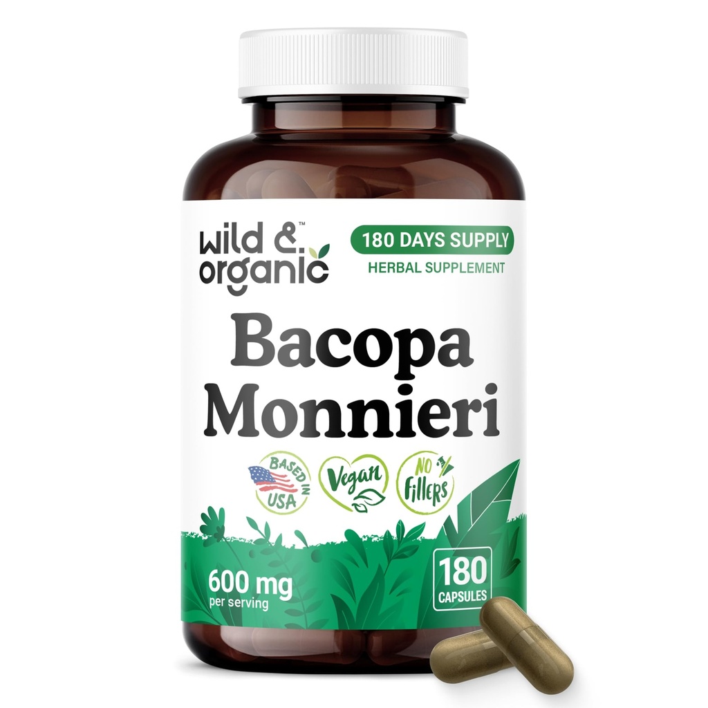 Wild & Organic Bacopa Monnieri Capsules 600 mg - Brain Support - Natural Bacopa Supplements - Brahmi Capsules - 180 Days of Supply - Vegan, No Fillers, Non-GMO - 180 Count