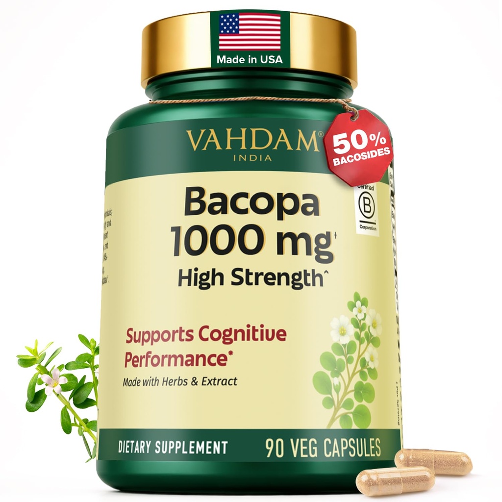 VAHDAM Bacopa Monnieri Capsules 1000mg | Supports Cognitive Performance | High Strength Made with Herbs & Extract | 90 Veg Capsules