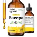 Wild & Organic Bacopa Monnieri Supplement - Brain & Focus Support - Bacopa Extract Liquid Drops - Brahmi Herb Tincture to Add to Tea - 5-Month Supply - Vegan, Sugar & Alcohol-Free - 4 fl oz
