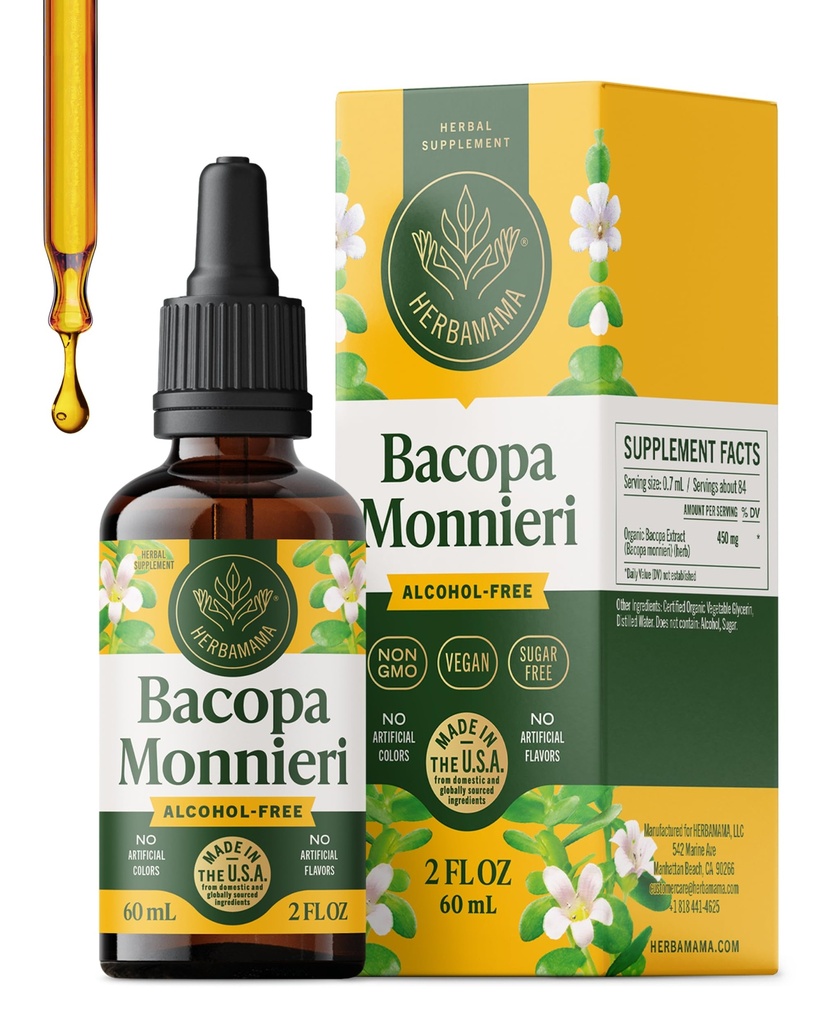 HERBAMAMA Bacopa Monnieri Supplement - Vegan Brain Focus and Clarity Support with Bacopa Extract Tincture - Non-GMO, Alcohol & Sugar-Free Brahmi Herb Drops, 84-Day Supply