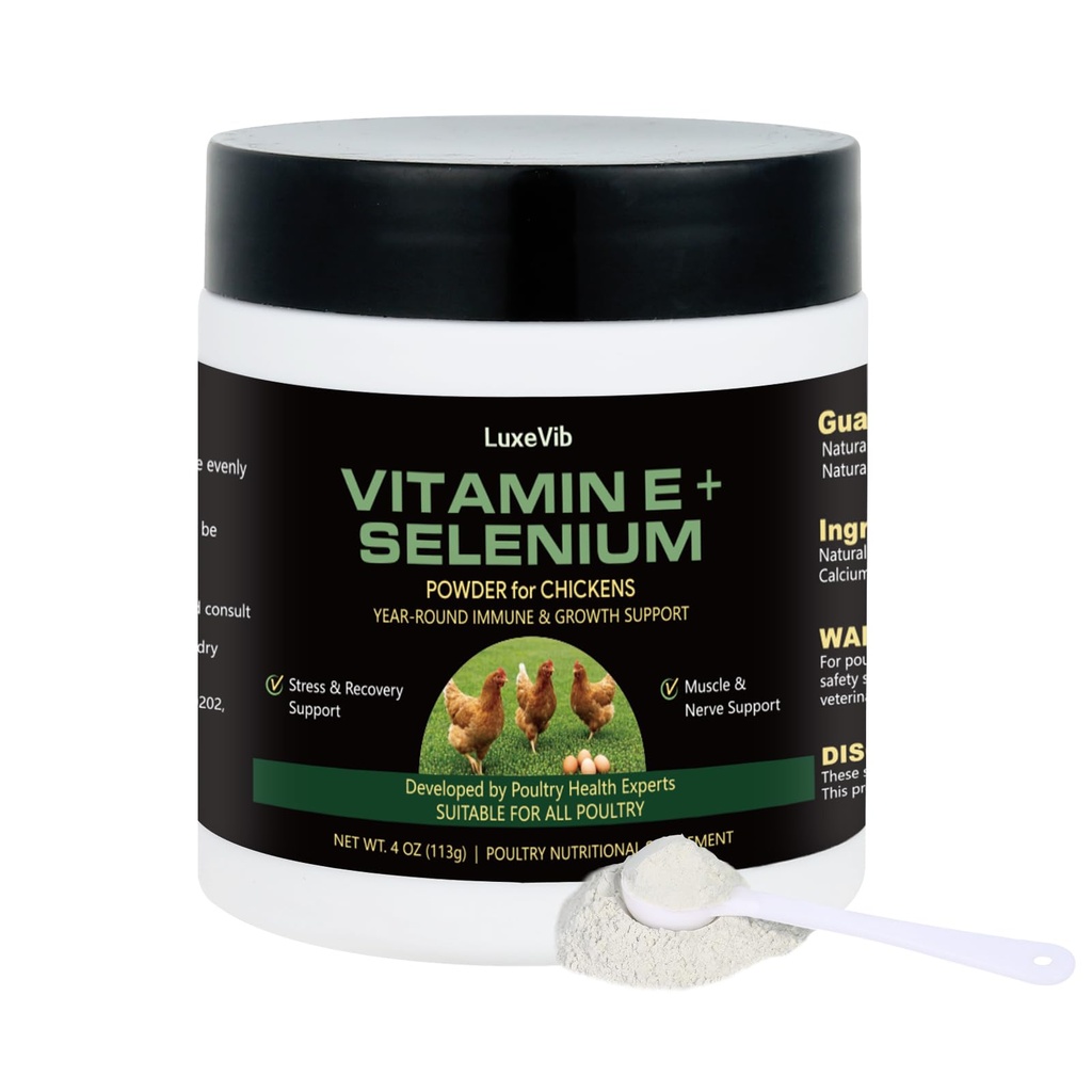 Selenium & Vitamin E Powder for Chickens, Selenium for Chickens, Immune System, Muscle Support & Prevents, Improve Wry Neck, Selenium, Vitamin E Supplements, Suitable for All Poultry