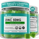 Zinc Gummies 50mg + Quercetin & Bromelain, Vitamin C & D3, Copper, Selenium, Fermented Zinc Supplements for Women and Men for Immune Defense, Powerful Antioxidant, High Absorption, Sugar Free, 60 Cts