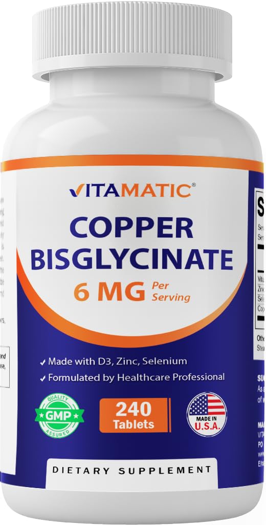 Vitamatic Copper Bisglycinate 6 mg Made with Vitamin D3 2000 IU, Zinc 50mg, Selenium 50mcg - 240 Tablets - Non-GMO & Gluten Free