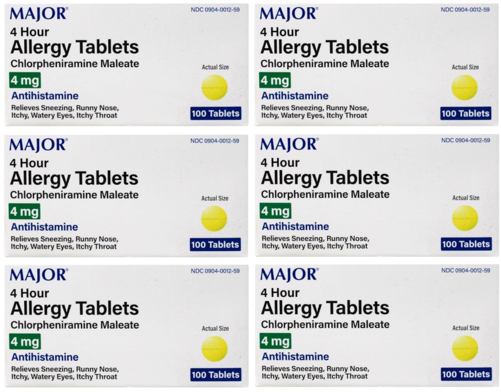 [6 Pack] Anti-Allergy Antihistamine Chlorpheniramine Maleate 4 Mg Generic for Chlor-trimeton Allergy 100 Tablets Per Bottle 6 Pack Total 600 Tablets