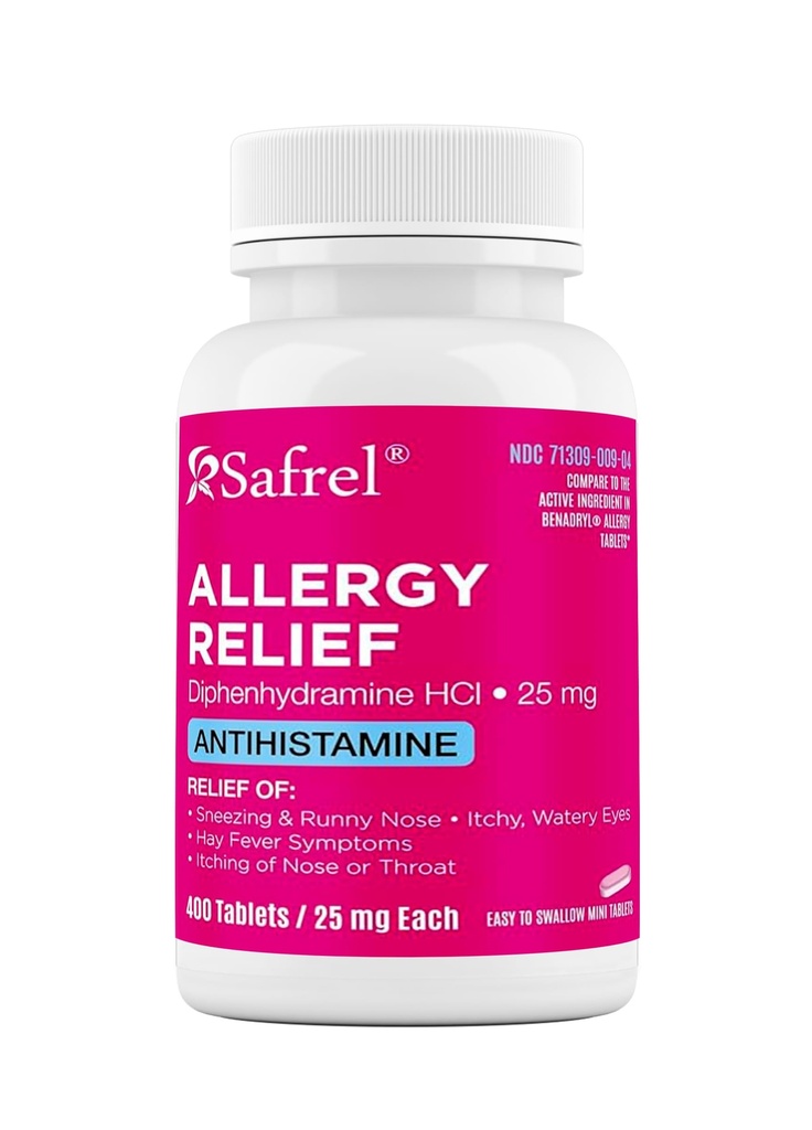 Safrel Allergy Relief Medication 25mg Diphenhydramine HCl, Antihistamine for Sneezing, Runny Nose, Itchy Eyes and Throat, Indoor and Outdoor Allergies (400 Count)