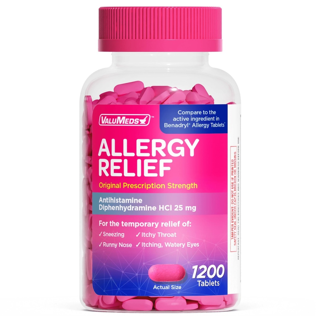 ValuMeds Allergy Medicine Antihistamine, Diphenhydramine HCl 25 mg | Children and Adults | Relieve Itchy Eyes, Runny Nose, Sneezing | 1200 Tablets Value Size