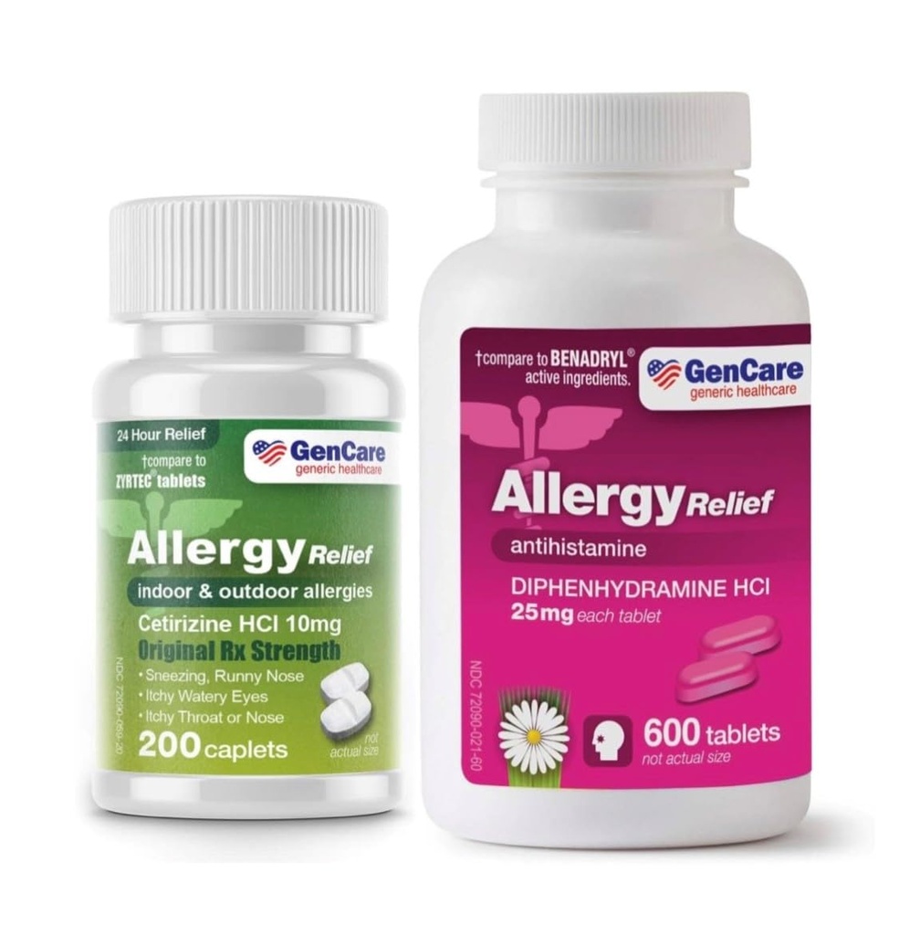 GenCare Allergy Relief Bundle: Cetirizine HCL 10mg (200 Count) + Diphenhydramine 25mg (600 Tablets) - Comprehensive Allergy Solution