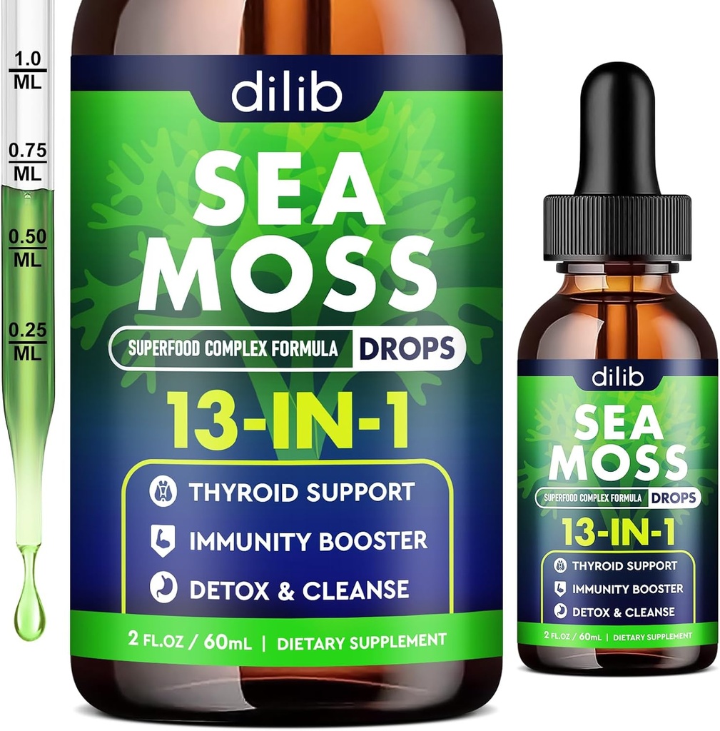 Irish Sea Mossss נוזל טיפות: 13 ב 1 עם שמן Black Seed, Ashwagandha, Tumeric, Multimineral, ויטמין C, E, תמיכה ב- Gut אנרגיה תמיכה שיער לנשים וגברים, 2 Fl Oz, טבעוני טבעוני טבעוני טבעוני
