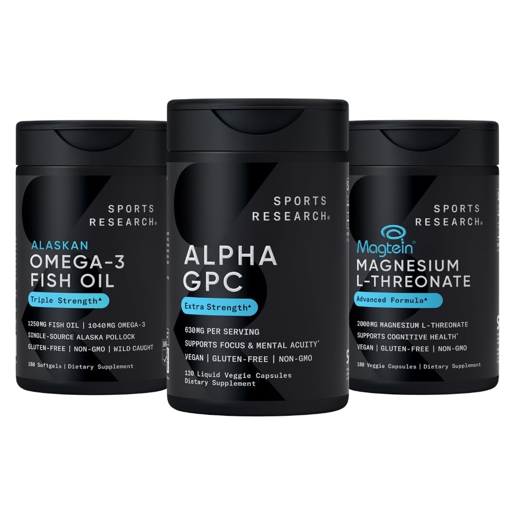 Sports Research® Brain Support Pack - Extra Strength Alpha GPC 630mg + Omega-3 Fish Oil 1250mg + High-Absorption Magtein® 2000mg