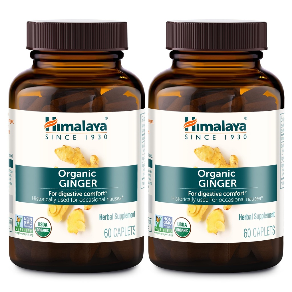 Himalaya USDA Organic Ginger Root Capsules, Digestive Health Ginger Supplement for Nausea, Upset Stomach Relief, and Occasional Bloating and Heartburn-Vegan,Non-GMO,120 Caplets