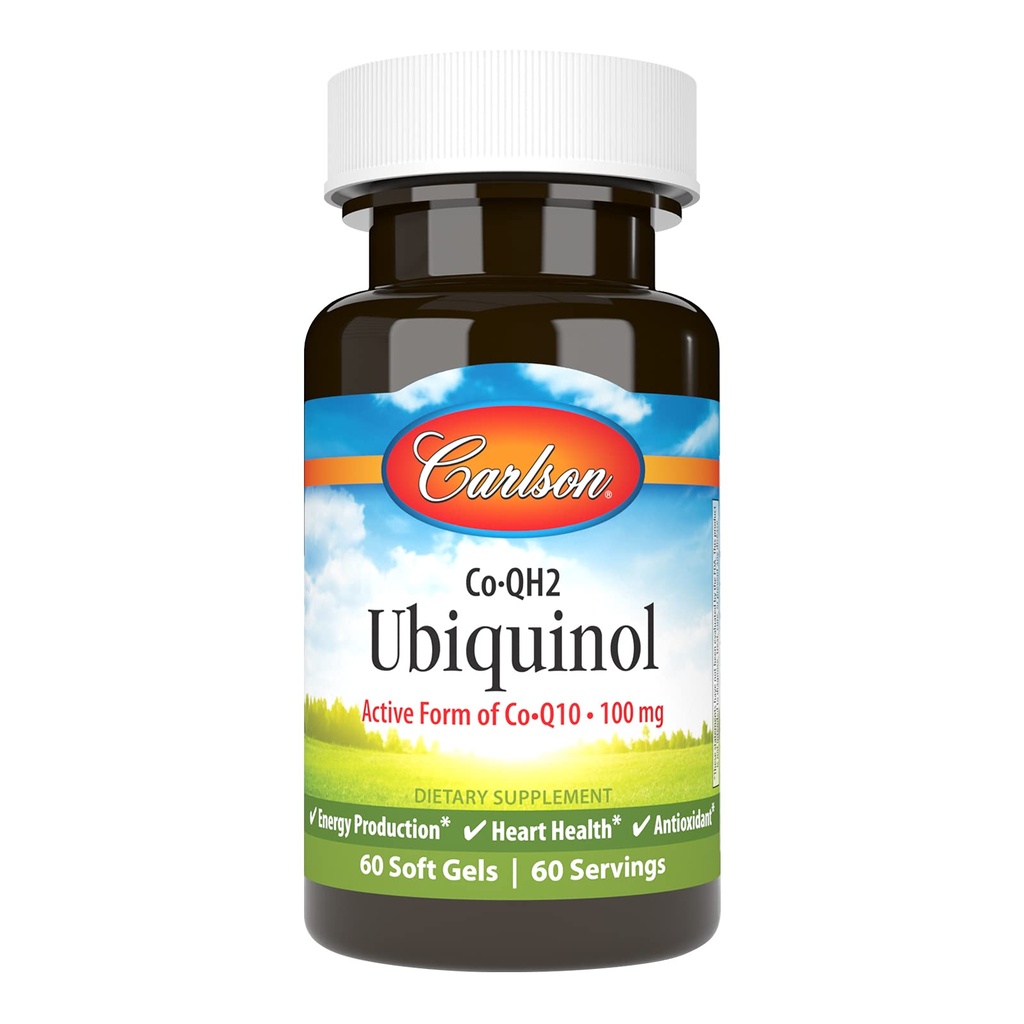 Carlson - Co-QH2 Ubiquinol, Active Form of Co-Q10-100 mg, Energy Production & Heart Health, Antioxidant, 60 Softgels