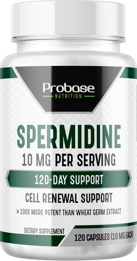Probase Nutrition Spermidine (10mg dari 99% Spermidine 3HCL - Third Party Tested) 120 Capsules - 100x More Powerful than Wheat Germ Extract, Telomere Health and Aging 120- Day Supply - Seefisien NMN