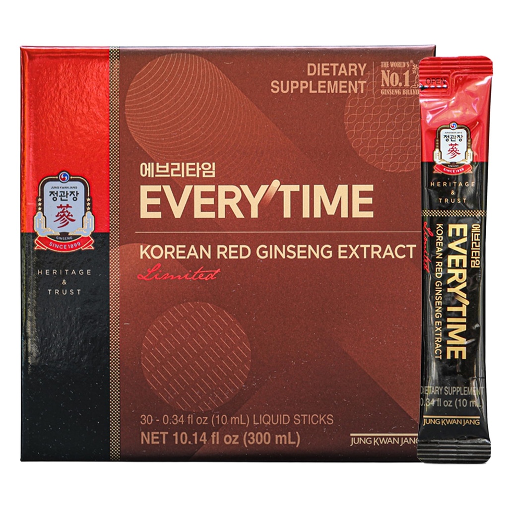 JungKwanJang Everytime Korean Red Ginseng Extract Limited Stick - Earth-Grade Red Panax Ginseng Root Energy Drink - Vegan & No Caffeine Liquid Supplements (10 Sticks, 0.34 fl oz)