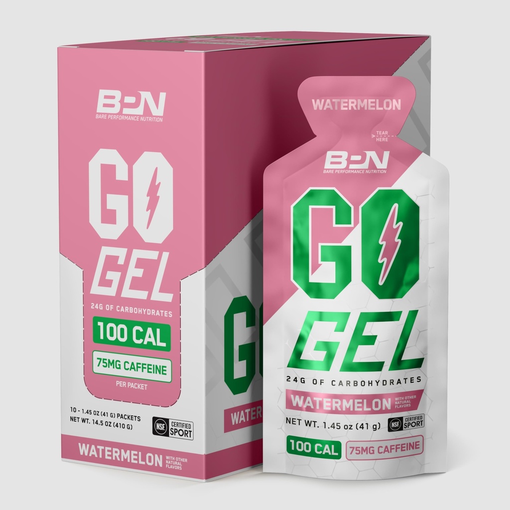 BARE PERFORMANCE NUTRITION, BPN Go Gel Endurance, 24g of Carbohydrates & 100 Calories per Pack, Vegan + Gluten Free Running Gel, 10 Single-Serving Packs, Caffeinated Watermelon